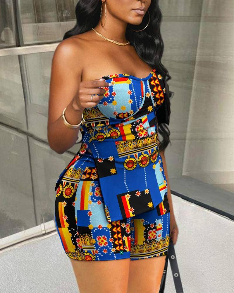 Flarix - Wholesale Top & Skirt Set - Women's - scarf print slit hem tube top shorts set7