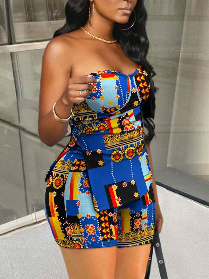 Flarix - Wholesale Top & Skirt Set - Women's - scarf print slit hem tube top shorts set7