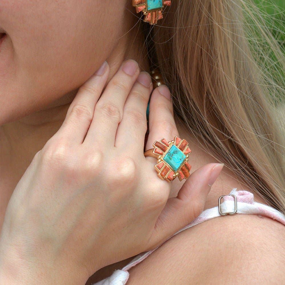 Barse Jewelry - Vente Bague de cocktail/de cérémonie - Bague de déclaration dorée en turquoise bleu Santa Fe et opale cuivrée1