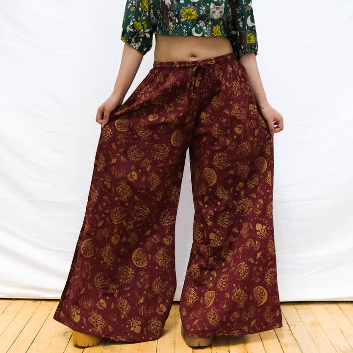 Karma Nepal Crafts - Wholesale Pants - Women's - Flowy Mushroom/Celestial Wide Leg Cotton Pants with Pockets3