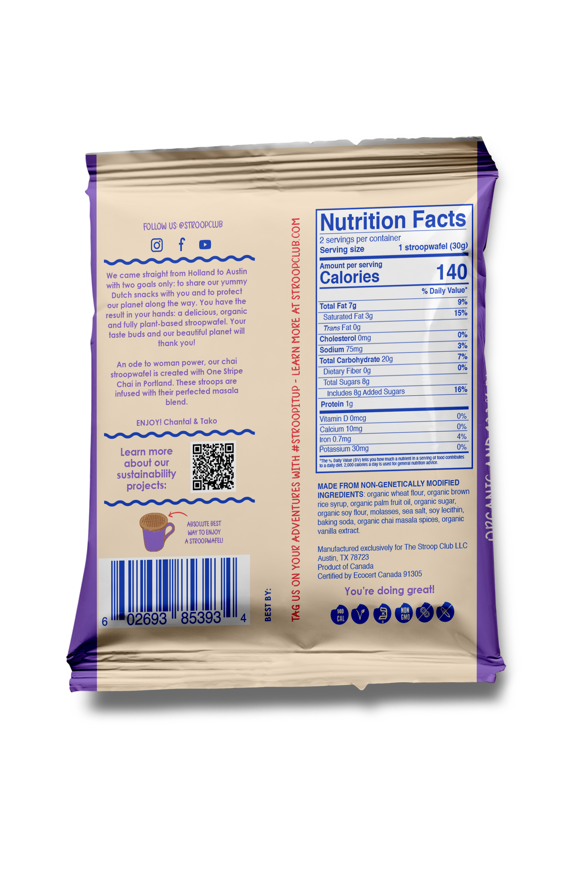 Stroop Club - Venta al por mayor Galletas - Stroopwafel orgánico de chai con caramelo y base vegetal, presentados en paquetes de 22