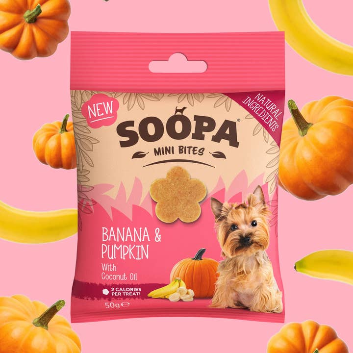 Bocconcini per Cani Mini Breed (Banana e Zucca) per la vendita all'ingrosso da parte di Soopa Europe