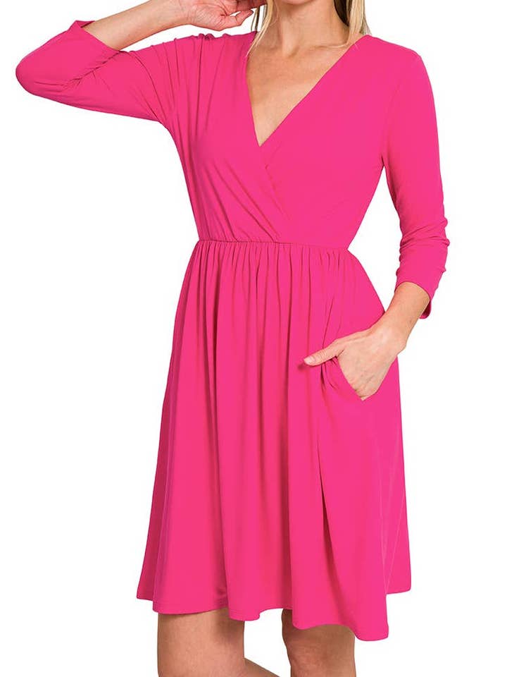 Buttery Soft Fabric Surplice Dress With Pockets for wholesale by Vanilla Monkey