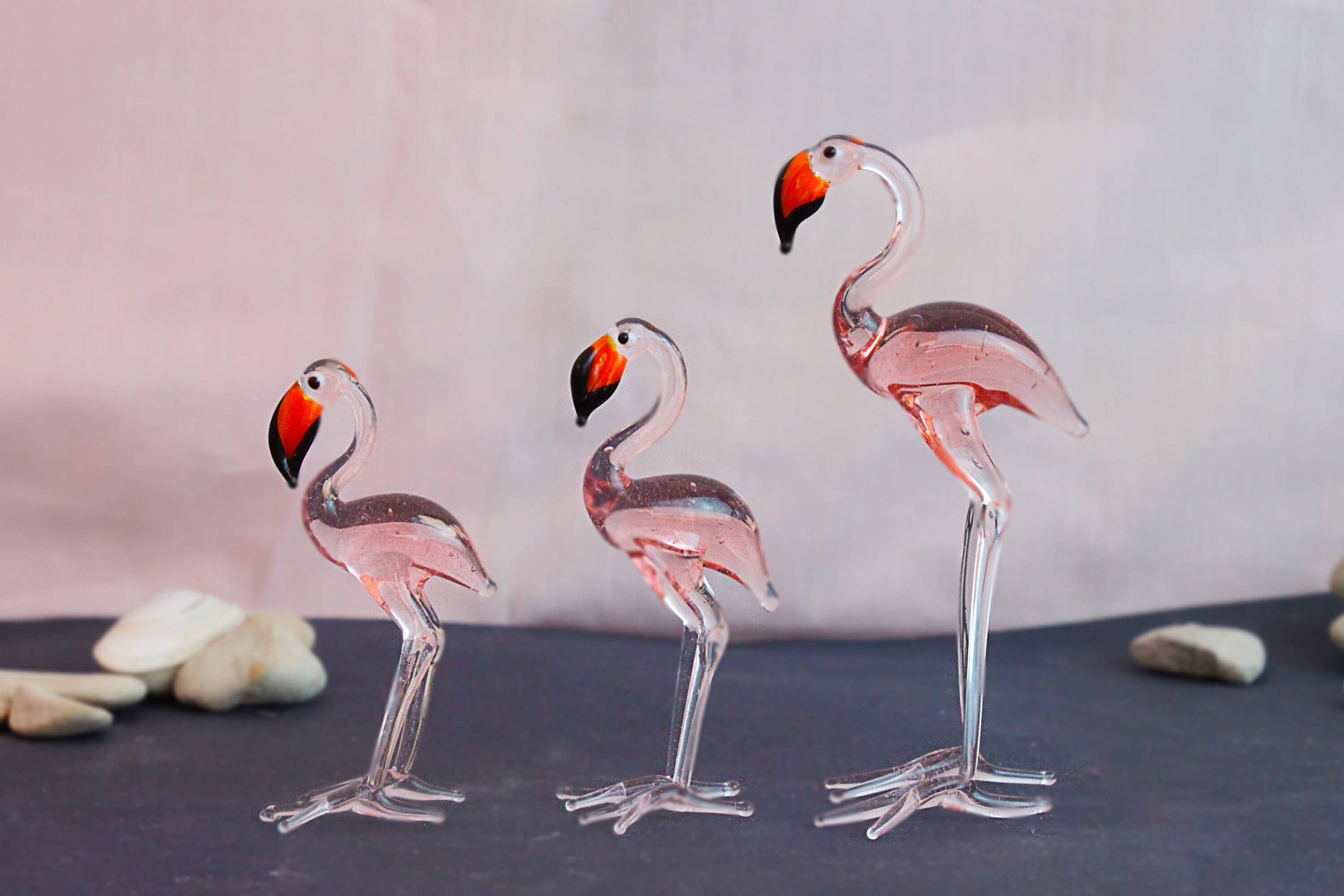 Adamodart - Wholesale Sculpture - Glass pink Flamingo sculpture set, lampwork miniature bird
