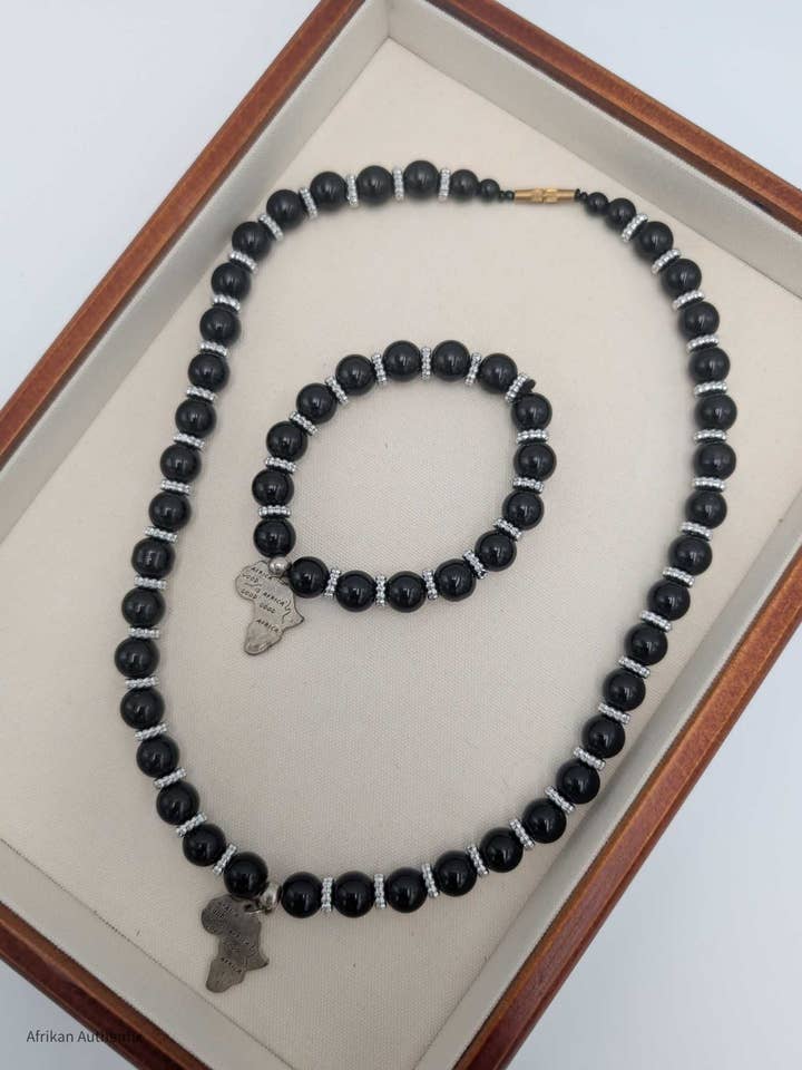 Black Onyx Beads Necklace Bracelet Set Africa map pendant for wholesale by Afrikan Authentix