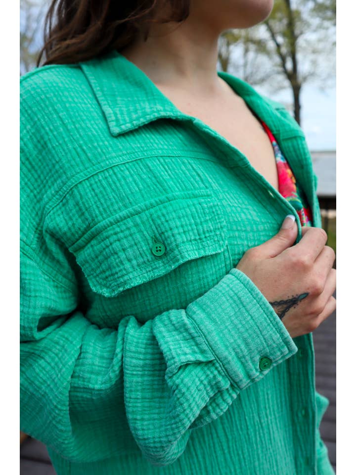 MK316 Quinn Double Gauze Oversized Button Shirt - Green for wholesale on Faire