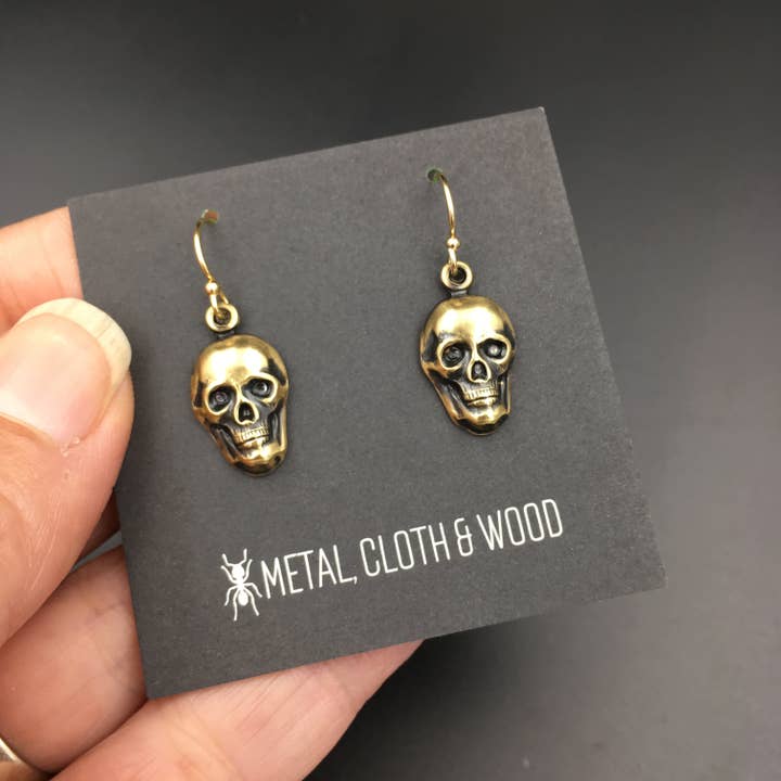 Metal Cloth & Wood - Wholesale Dangle Earrings - Gothic Handmade Brass & Gold Skull Dangle Earrings4