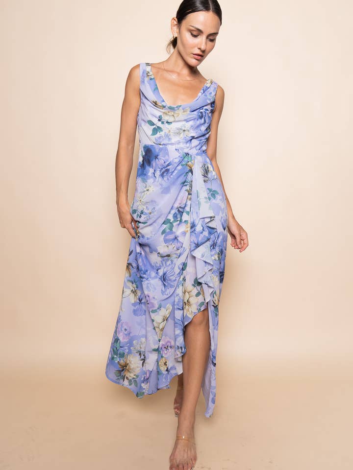 ROBE LONGUE FENDUE À IMPRIMÉ FLORAL ET COL BÉNITIER-DC11518FO pour la vente par Fore Collection