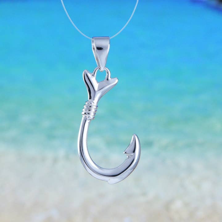 Hawaiian 3D Fish Hook Pendant, Sterling Silver Fish Hook Charm Pendant, Hawaiian Jewelry, Christmas Anniversary Birthday Gift for wholesale by Paradise Treasures Jewelry