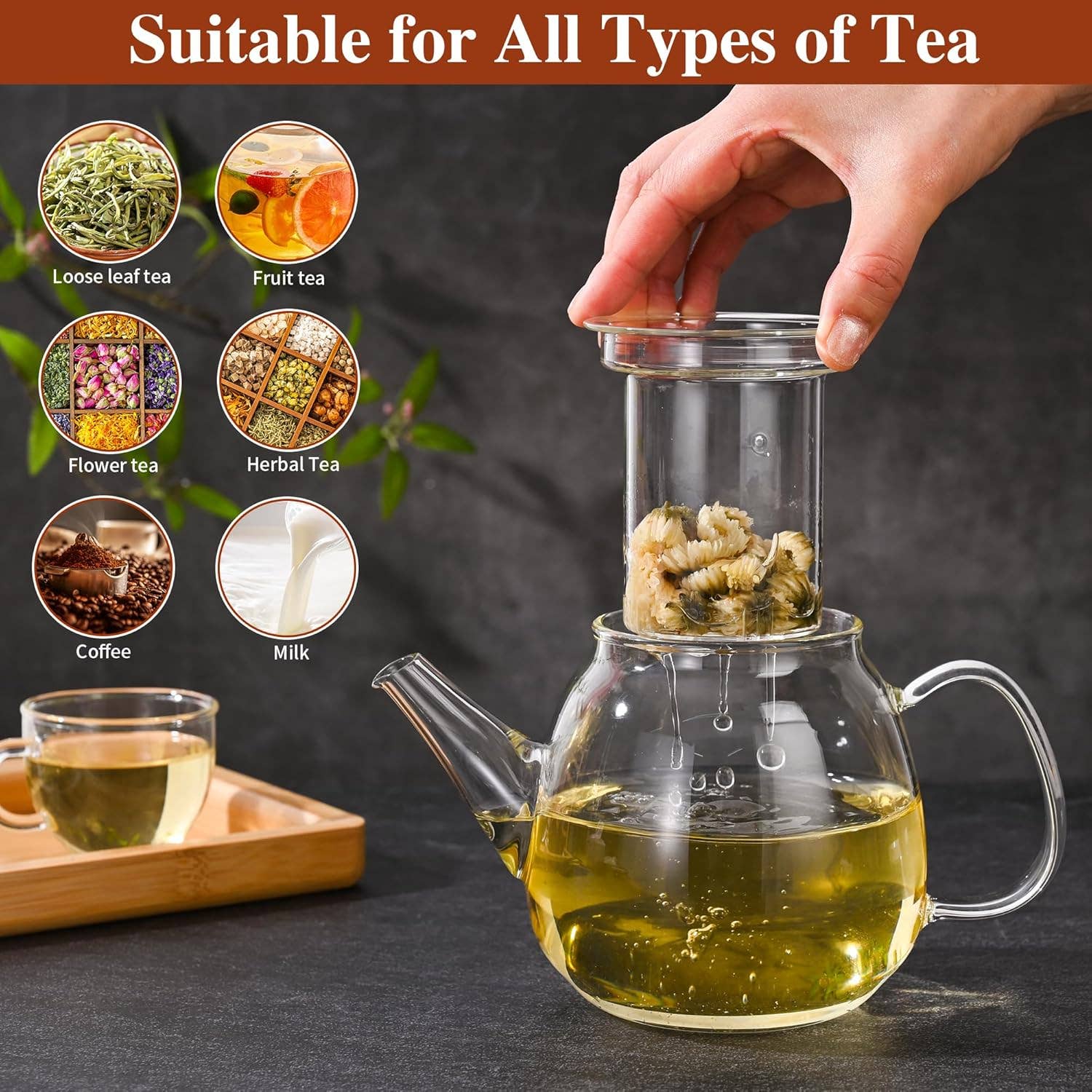 VIGOR – wholesale Tekanna – Värmebeständig borosilikatglas tekanna Blommande och Lös5