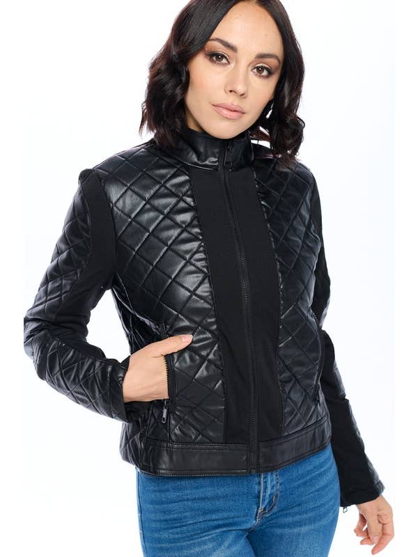 Black Quilted Edge Faux Leather Jacket for wholesale on Faire