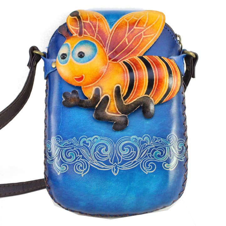 Ay75 handmade leather bee pouch purse crossbody phone bag for wholesale by Sunflower Handmade leather inc