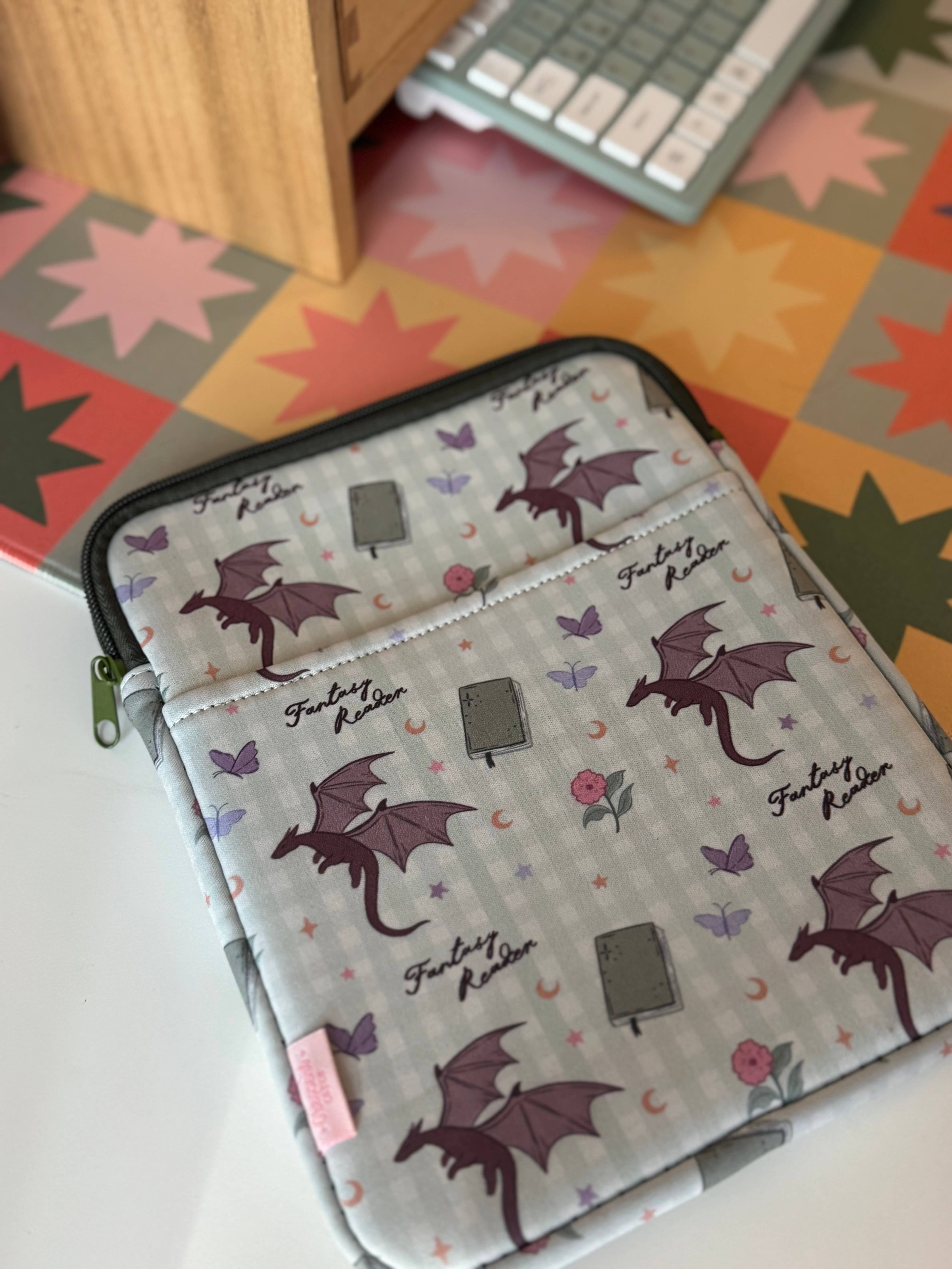 CrescentCatCo - Wholesale Pouch - Women's - Fantasy Reader Gingham Dragon Book & Kindle Sleeve Pouch 3