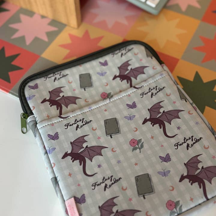 CrescentCatCo - Wholesale Pouch - Women's - Fantasy Reader Gingham Dragon Book & Kindle Sleeve Pouch 3