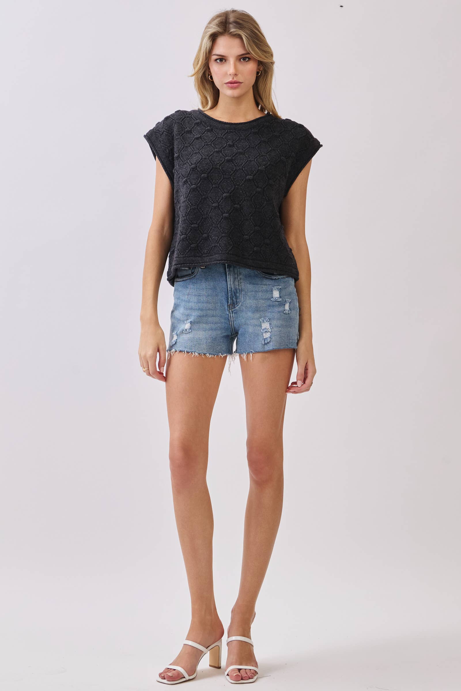 Final Touch – Top de malha - Mulher por atacado – Top de Malha com Manga Curta e Bainha Enrolada - VW61273