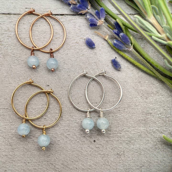 Brincos Azuis Aquamarine Charm Hoop por atacado de Sunlight Silver Jewelry