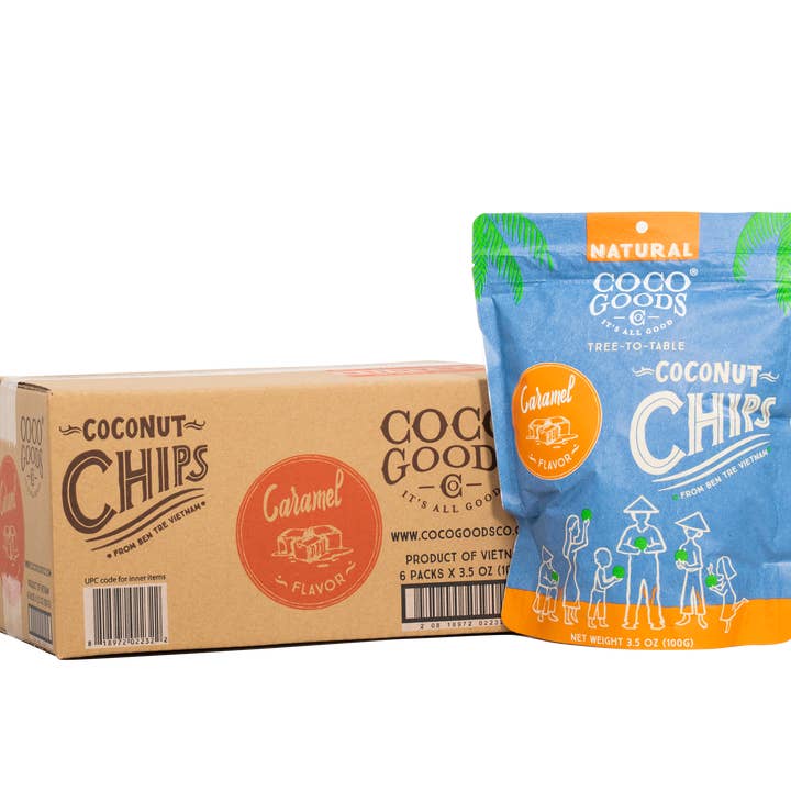 CocoGoods Co - Wholesale Crisps - Natural Toasted Coconut Chips, Caramel 3.5 oz Zip Lock Bag2