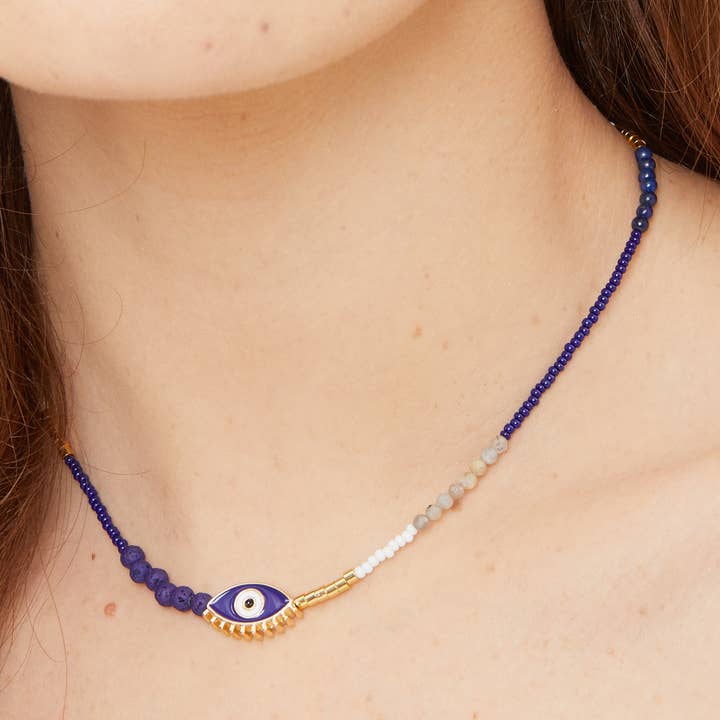 Blauwe diffusorketting met etherische olie, emaille Evil Eye Beads voor wholesale door Kodes