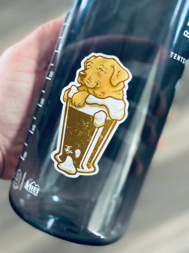 Yellow Lab In A Lager Beer Sticker! for wholesale by Guerdrum Art