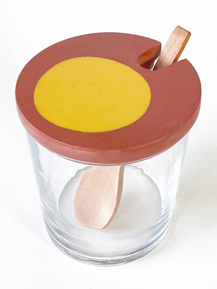 Glas-Zuckerdose mit Farbtupfendeckel & Holzlöffel für den Großhandel von Casa Mescla