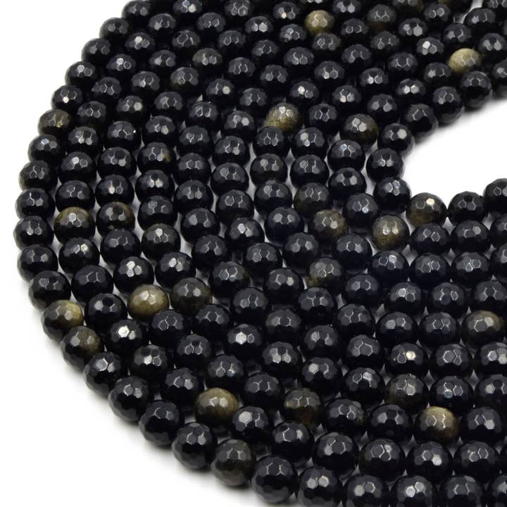 Only Beads - Wholesale Beads - Faceted Golden Obsidian Bead | Gold Sheen Black Round Faceted Finish Gemstone Beads | 4mm 6mm 8mm 10mm 12mm Available1