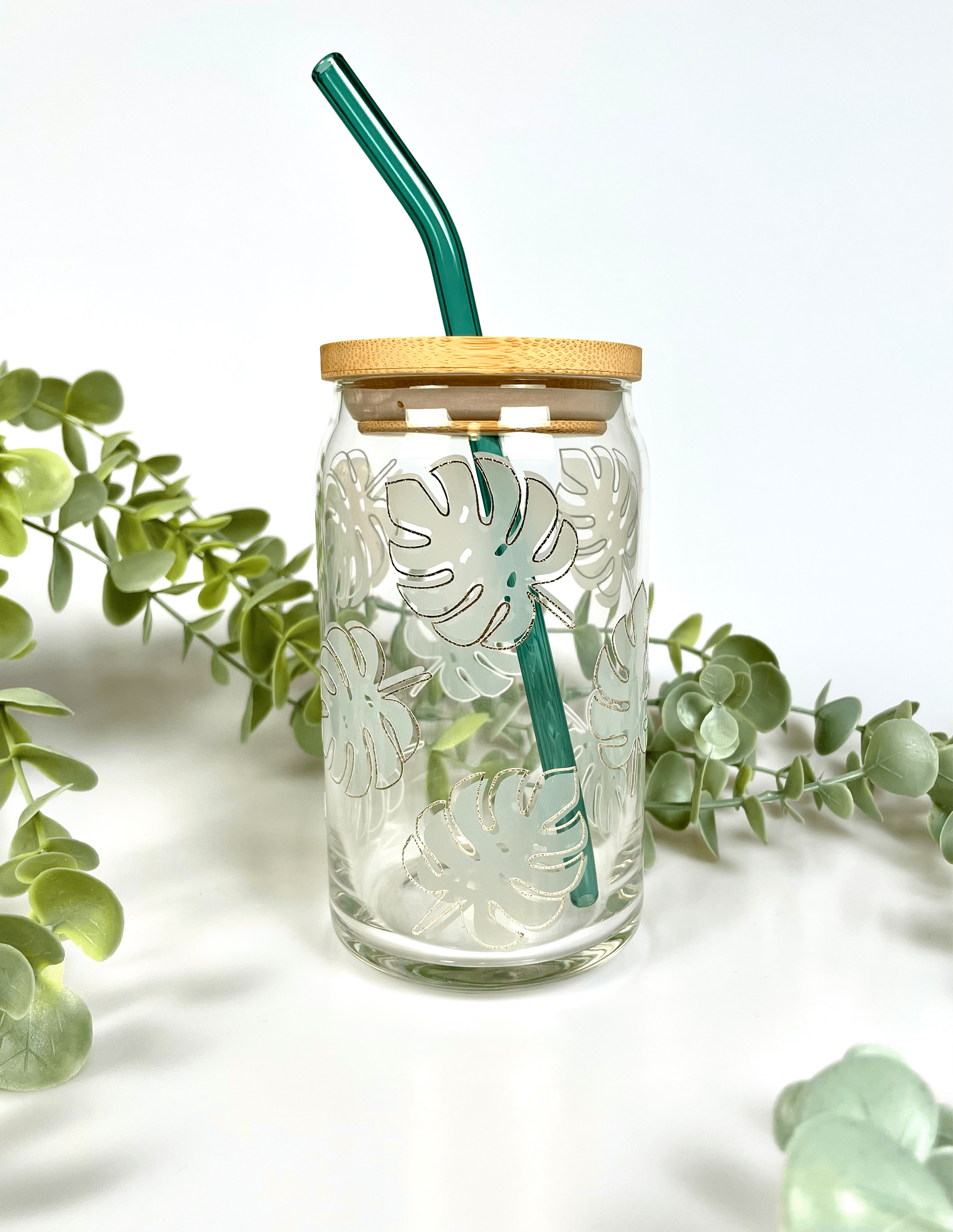 SparklesnMoreCo - Wholesale Drinking Glass/Cup - Monstera Leaf Can Glass Cup, color changing cup1