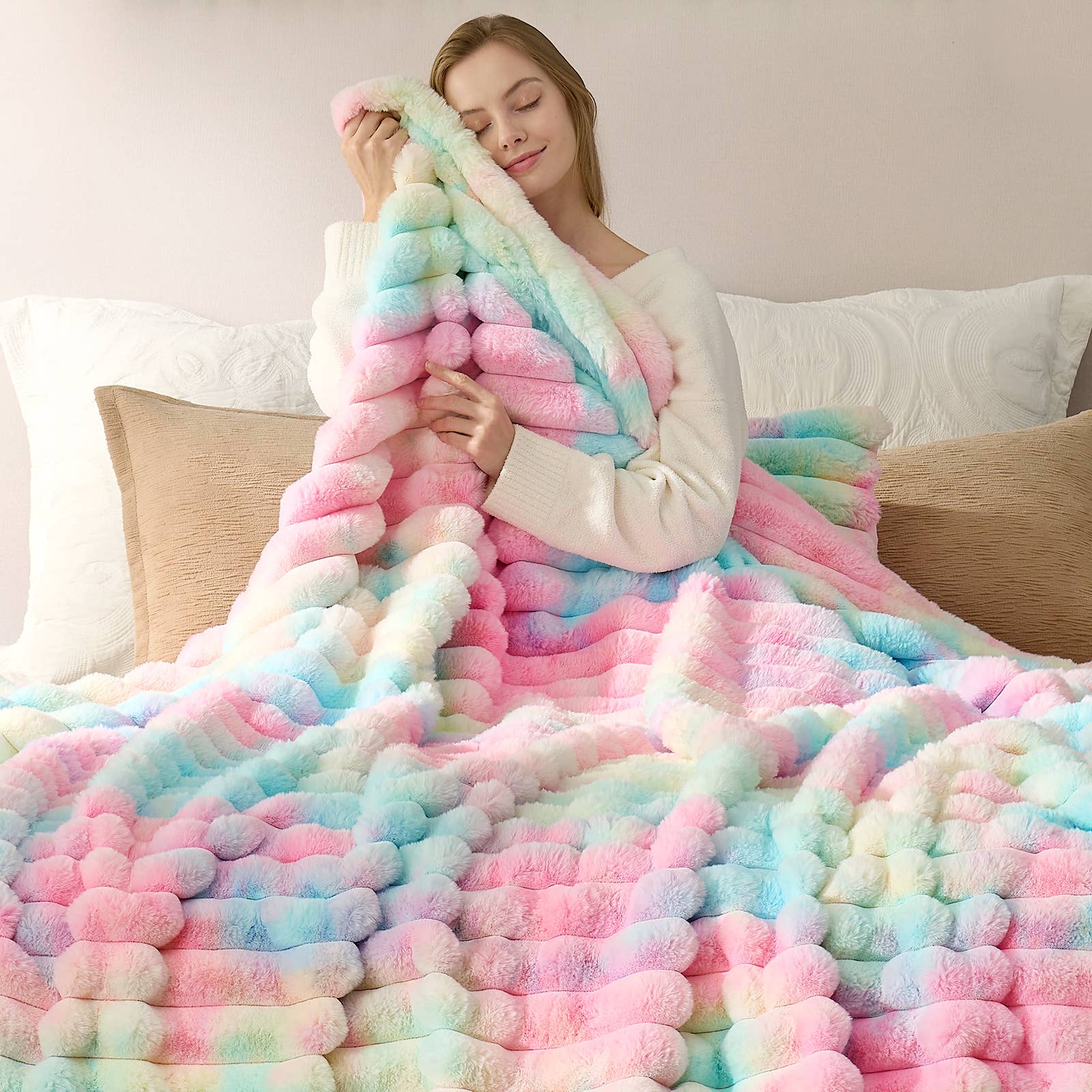 DreamValley - Wholesale Throw Blanket - CB Striped Faux Fur Warm Plush Throw Blanket, Tie-dye Color15