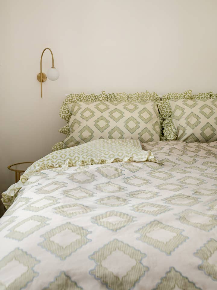 Conjunto de Capa de Edredão e Fronhas em Algodão com Padrão de Diamante Verde por atacado de TBCo