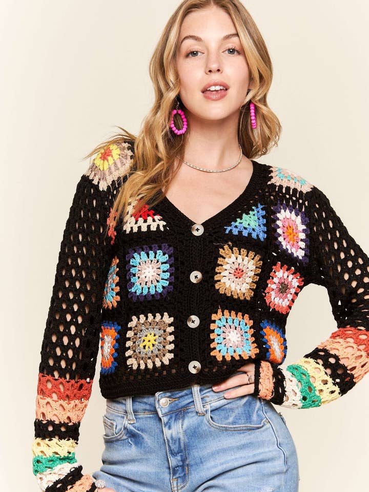 ADORA LA - Wholesale Cardigan - Women's - CESW3408-MULTI COLOR CROCHET CARDIGAN