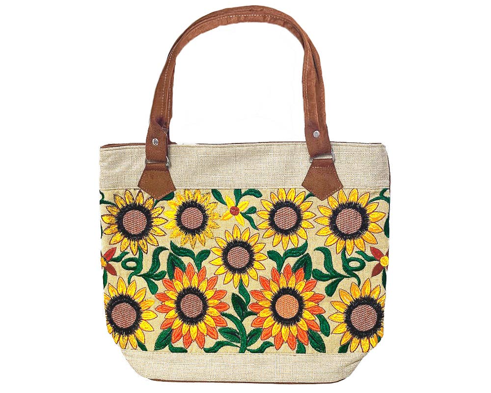 Pichincha - Wholesale Tote bag – Women's - Embroidered Floral Sunflower Burlap Suede Purse Tote Bag