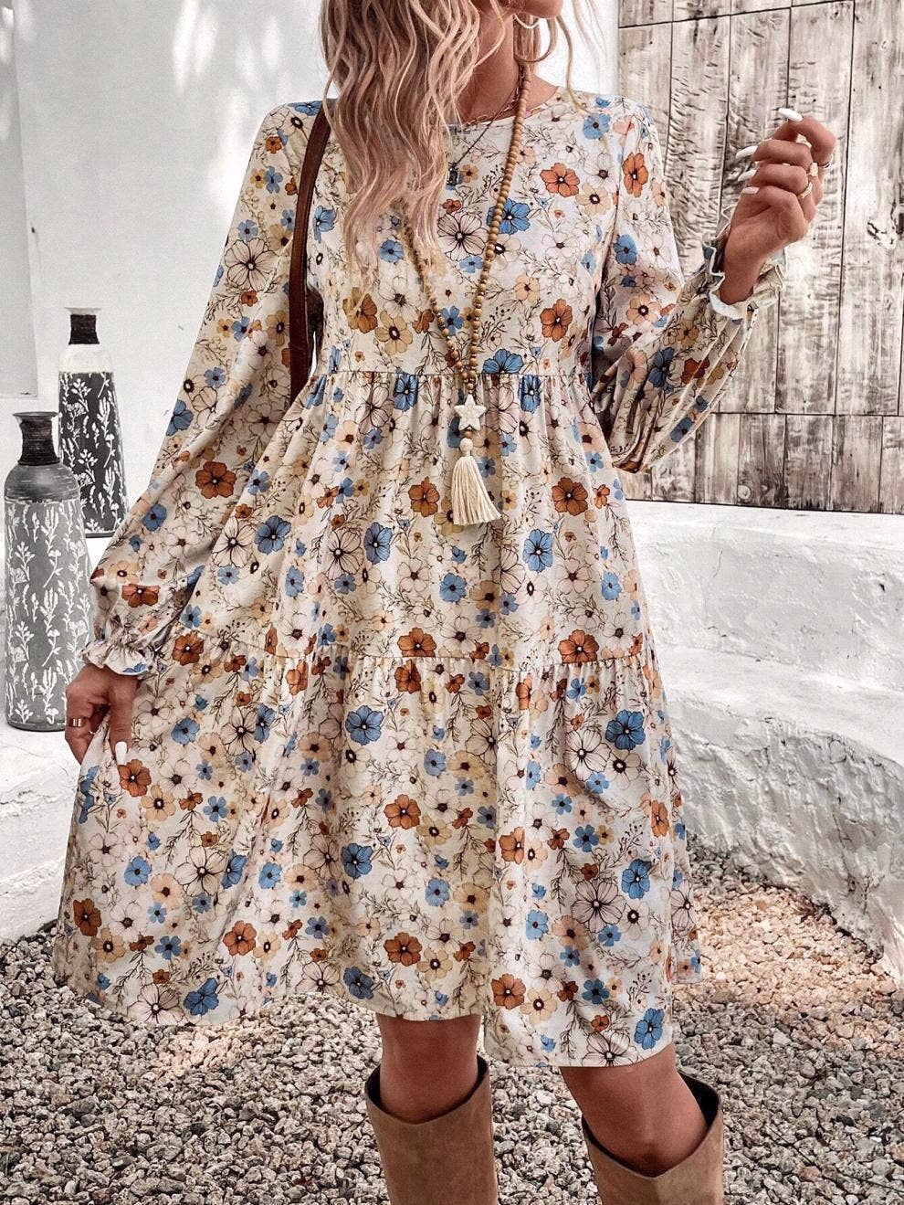 Apricot Floral print bohemian long-sleeves babydoll dress for wholesale on Faire7