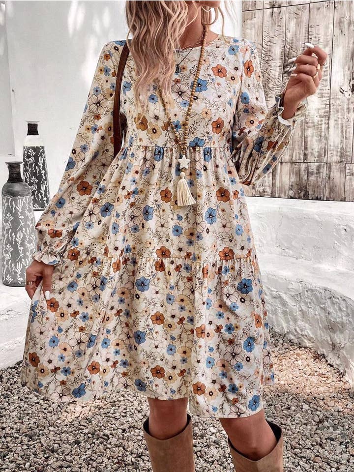 Apricot Floral print bohemian long-sleeves babydoll dress for wholesale on Faire7
