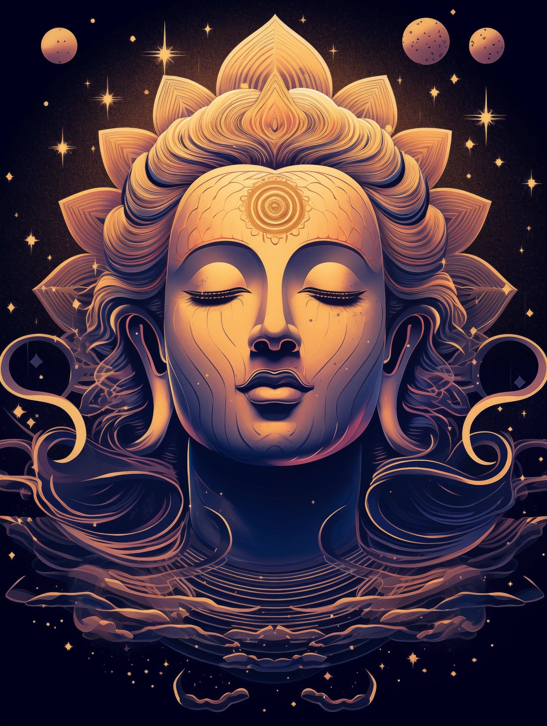 La Luna Bella - Toys – Großhandel Kunstdruck – Kunstdruck auf Leinwand, Motiv Mystical Cosmic Serene Buddha1