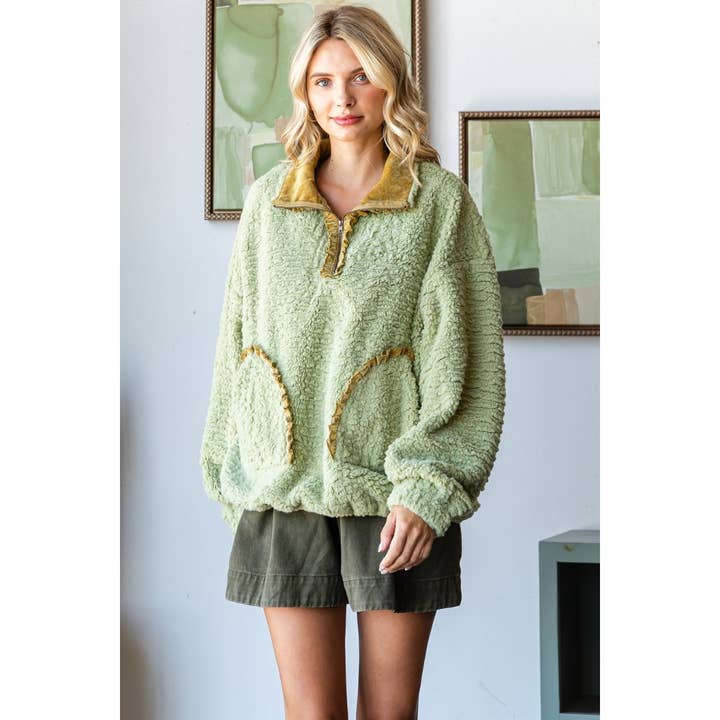 Veveret - Wholesale Knit Top - Women's - Texture Sherpa Half Zip-Up Top