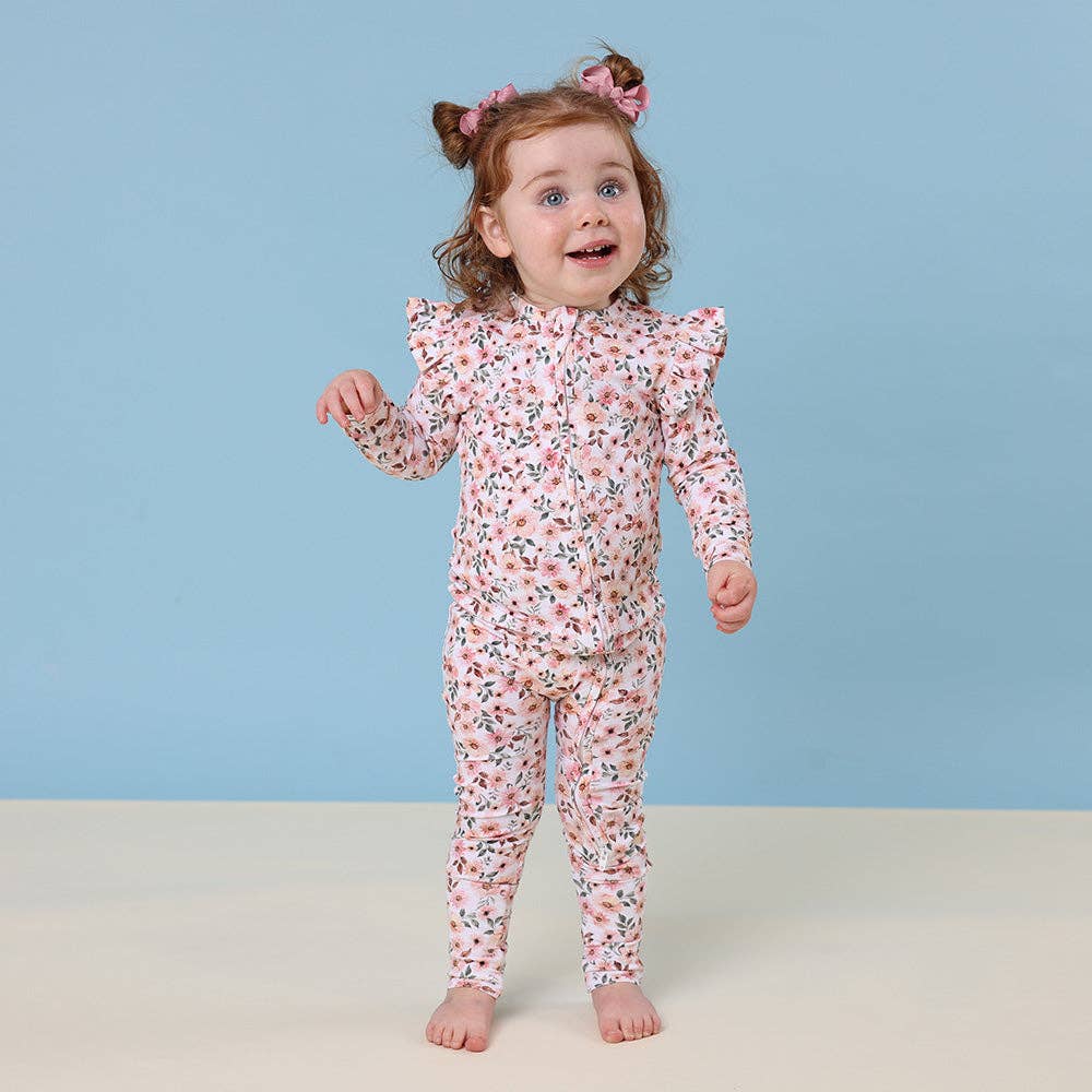 Snuggle Hunny – wholesale Nattdräkt – Baby – Vårblommig ekologisk snugglesuit konvertibel romper med volang3