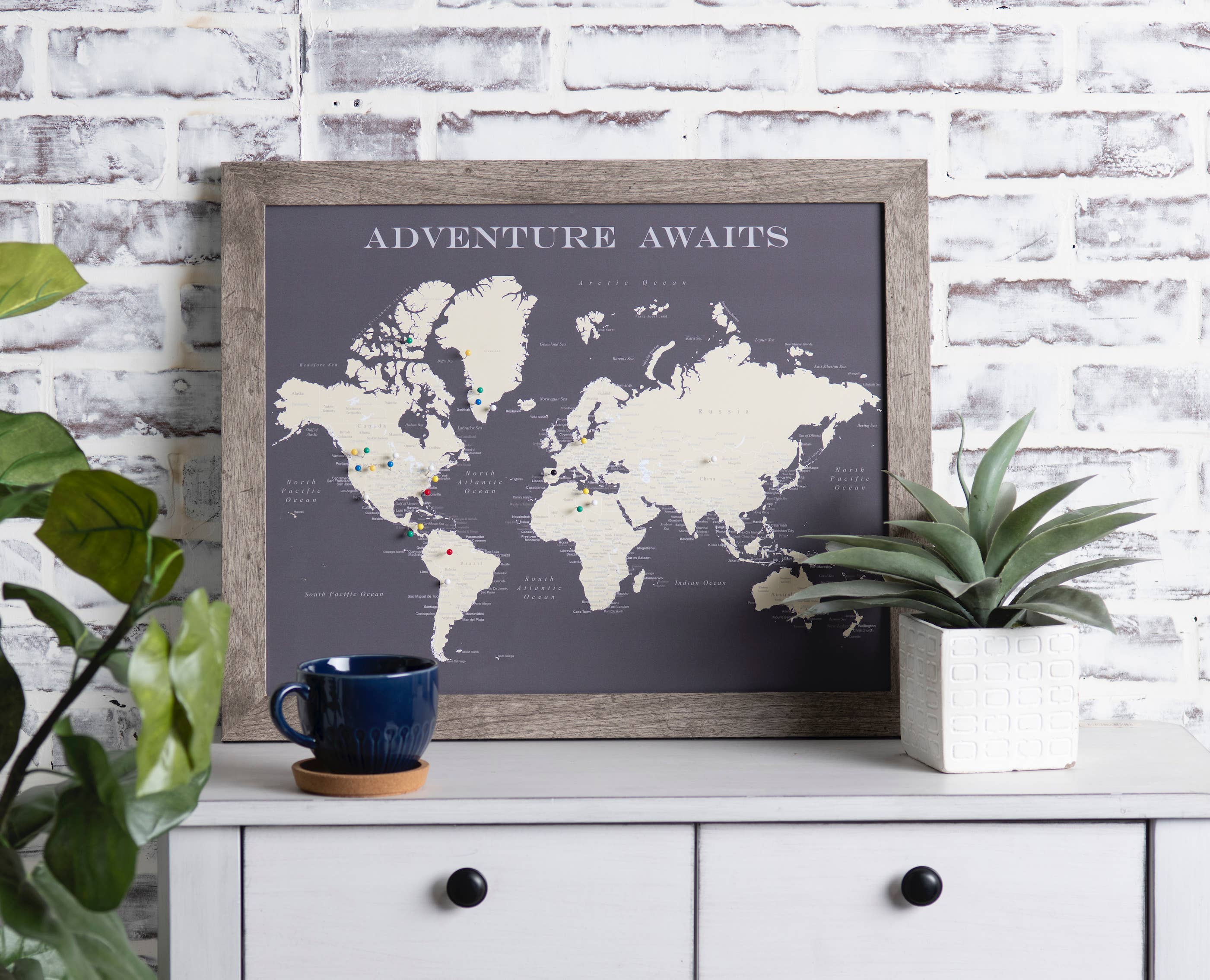 An Adventure Awaits, LLC - Wholesale Map - 16x20 Framed World Push Pin Map - Charcoal Grey1
