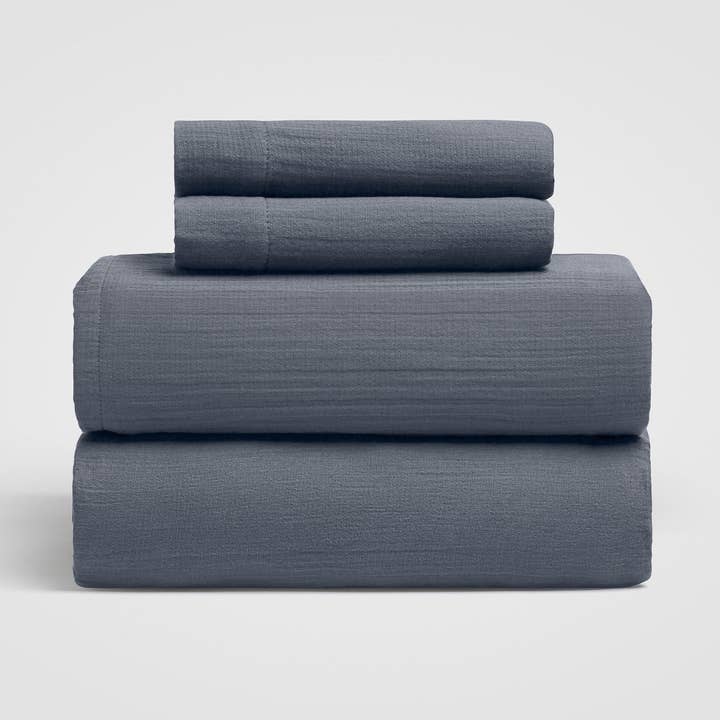 Oasis Crinkled Comfort 4-Piece Sheet Set (Midnight Blue) for wholesale by Crane Home