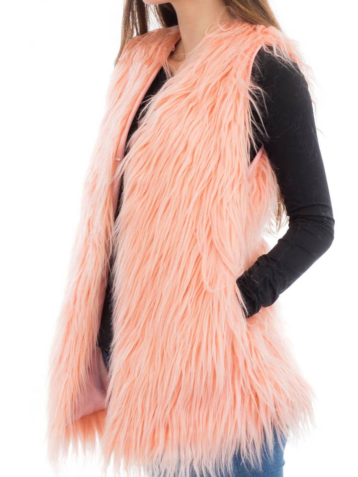 Solid Colored Long Shaggy Faux Fur Vest With Hook for wholesale by Cap Zone