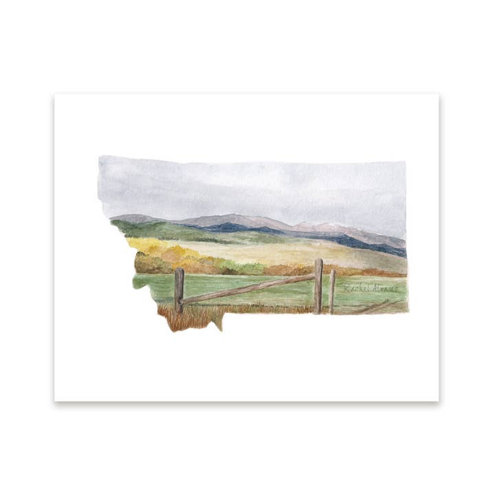 Montana State Watercolor Art Print for wholesale by Rachel Alvarez Art