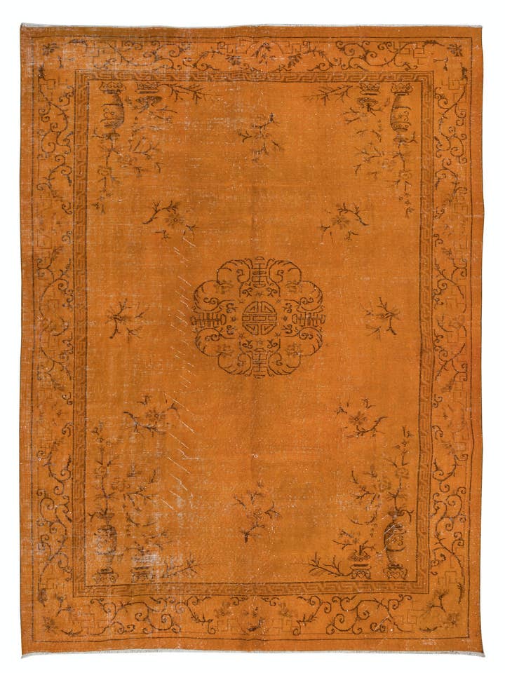 Tapete Floral Art Deco Laranja de 6,7x9 pés. Revestimento de Pavimento Artesanal por atacado de Rug Specialist LLC.