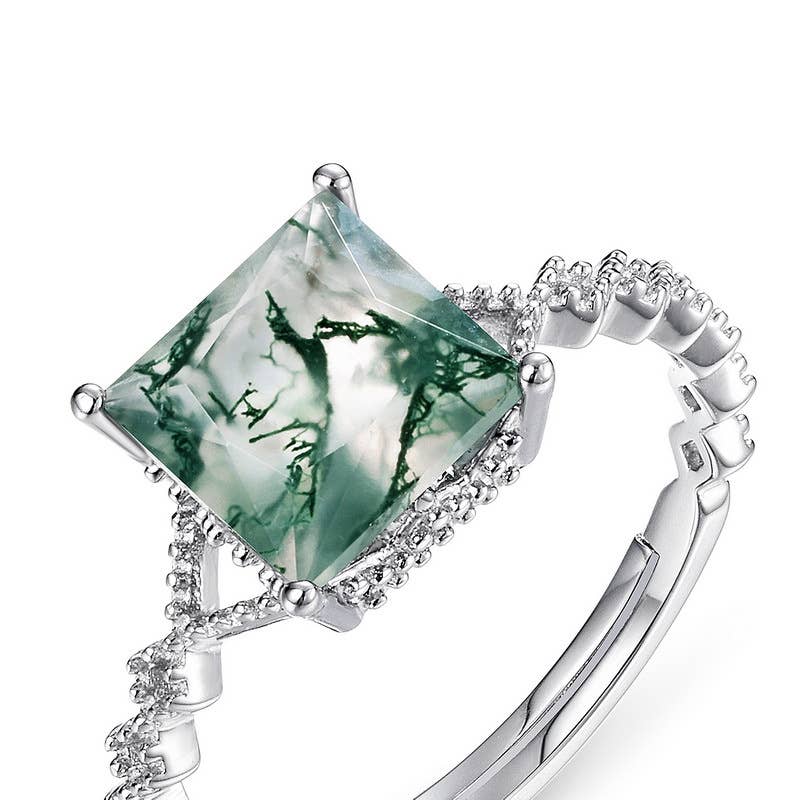 Gioiellin - S925 Silver Jewelry - Wholesale Single Stone/Solitaire Ring - 925 Sterling Silver Green Moss Stone Open Ring1