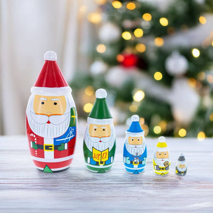 BestPysanky - Wholesale Christmas Decoration - 5 Multicolor Santa with Gifts Wooden Nesting Dolls1