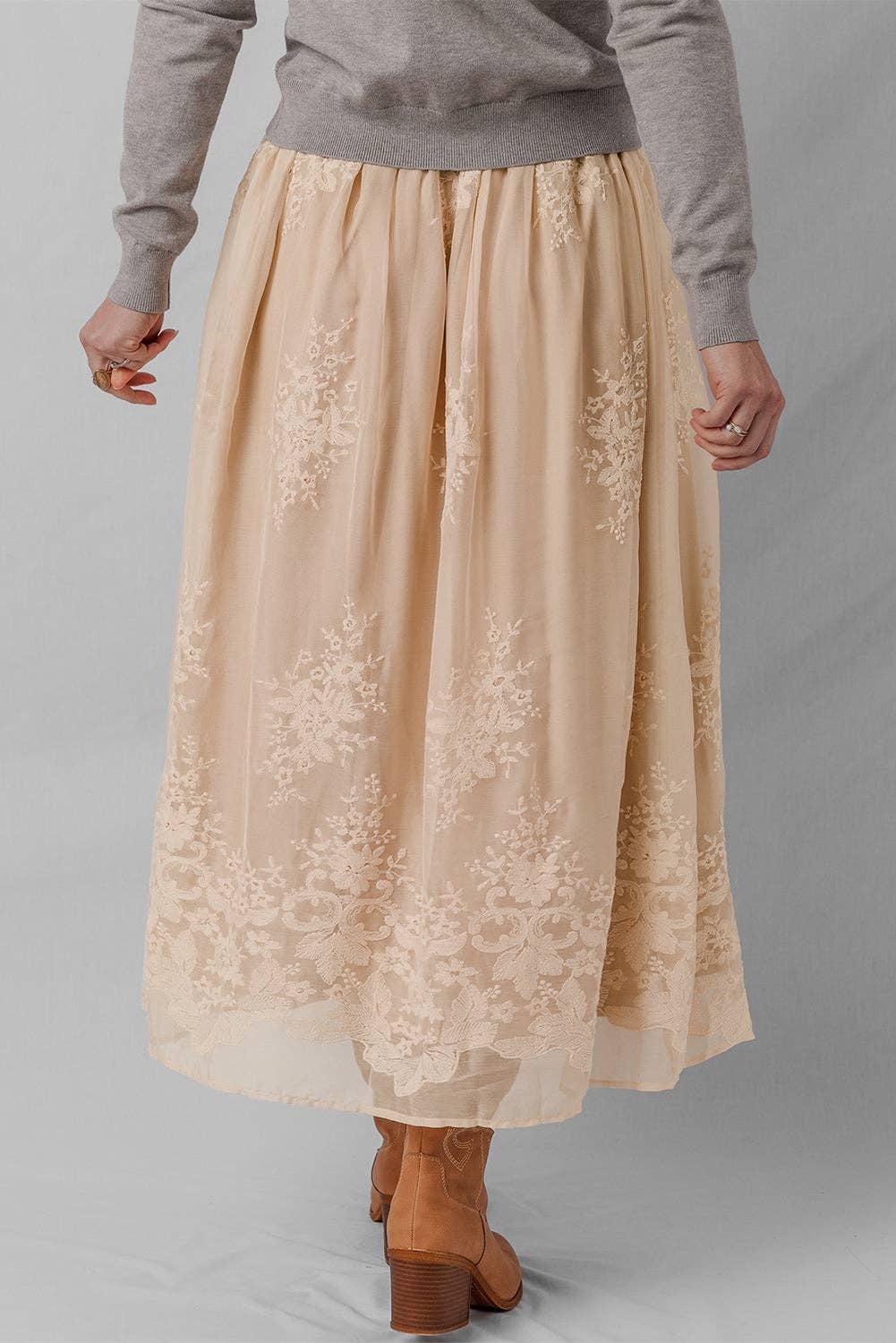 Oatmeal Embroidered Mesh Overlay Flowy Long Skirt for wholesale on Faire1