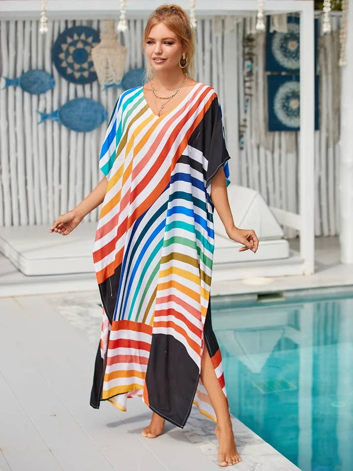 Miss Lavish London - Wholesale Kaftan - Women's - Tropical Kaftan Summer Dresses Multicolor Stripes, S-3XL