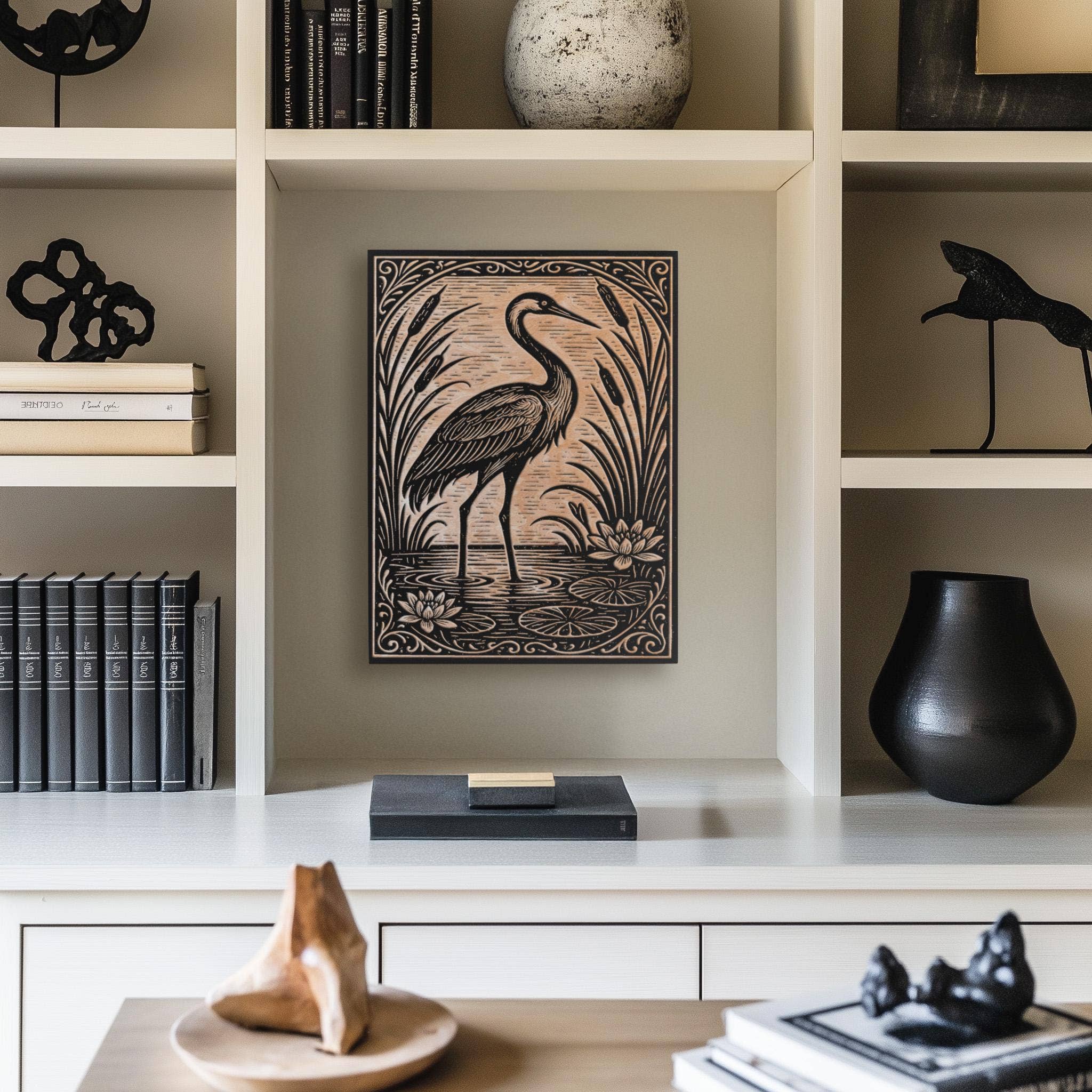 Benoit's Design Co. - Wholesale Wall Sign - Crane in the Lily Pond Engraved Birch Illustration4