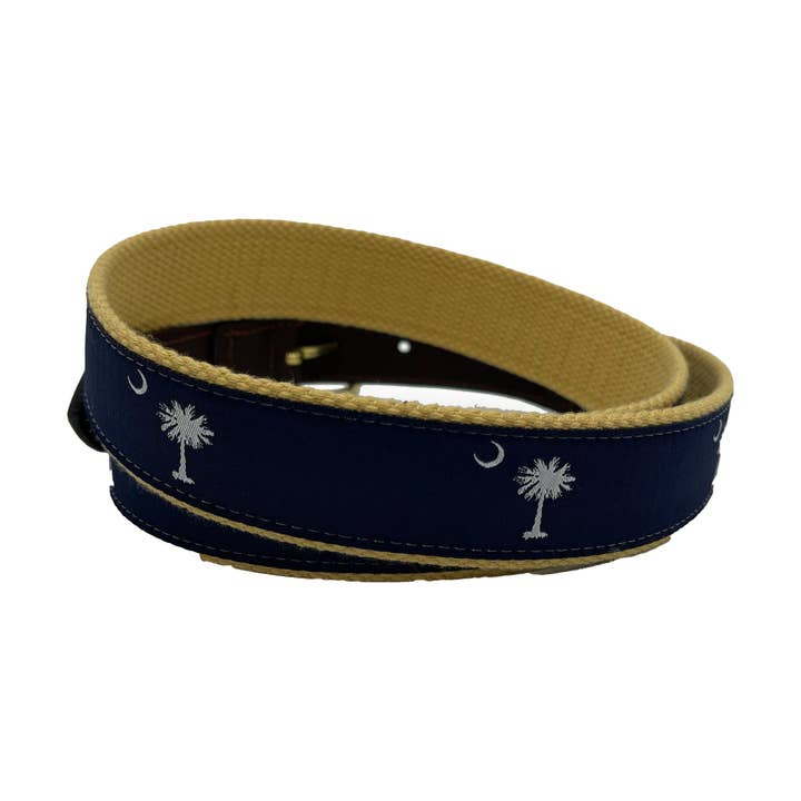 Charleston Belt - Wholesale Belt - Unisex - Navy on Khaki - South Carolina Crescent Moon Palmetto Belt