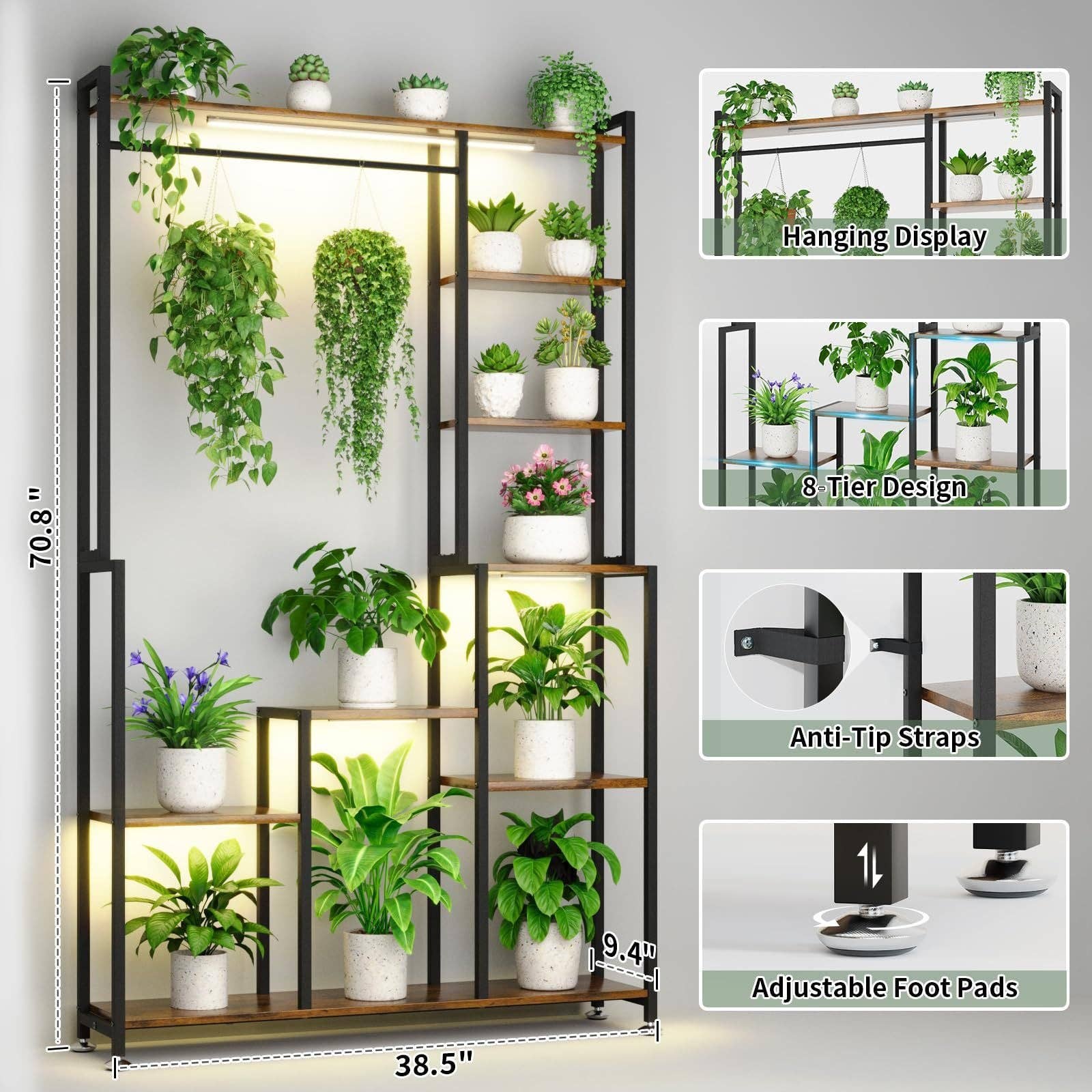 39F Inc. - Vente Supports de plantes - Support de plantes en métal à 8 niveaux avec lampe de culture pour intérieur7