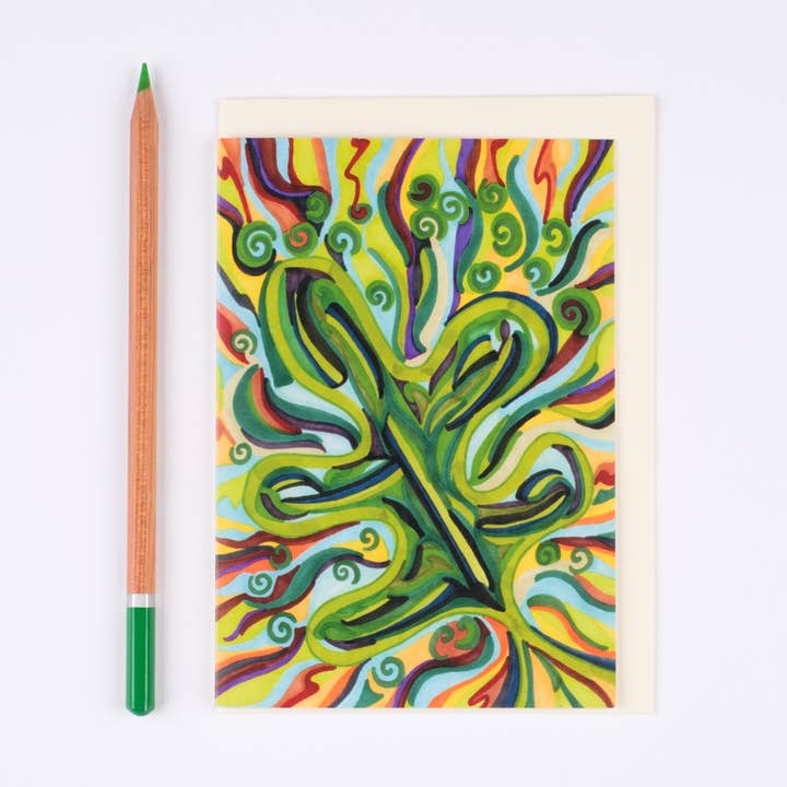 Hand-Drawn Abstract Oak Leaf Bright Greens | Art Card for wholesale by Lilian G Limited