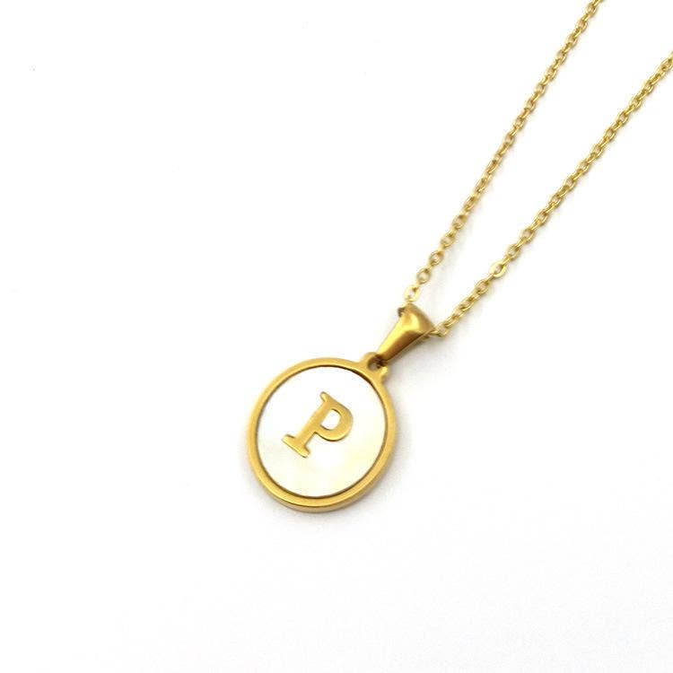Mio Queena - Wholesale Pendant/Charm Necklace - Round 18K Gold-plated Stainless Steel 26 Letters Necklace16