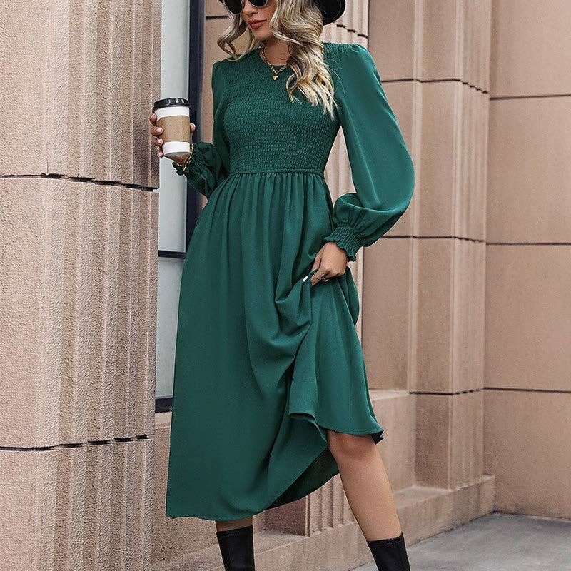 DEEP GREEN Solid Color Lantern Sleeve Waist Long Dress for wholesale on Faire1